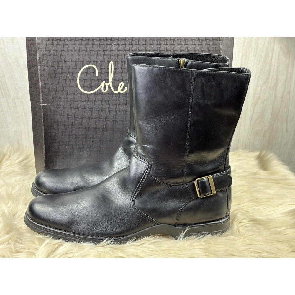Cole Haan Air Reno Engineer Boots Mens 16M Black‎ Leather Buckle Zip w/ Box